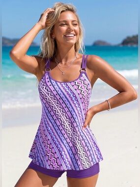 Rosewe Tankini Swimsuit Set Two Piece Boy Shorts Purple Stripe XXL NWT